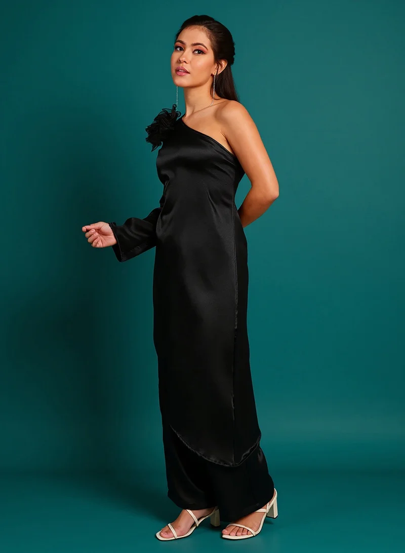 Qissa  Qissa Women's Raven Black Asymmetrical Flora Co-Ord Set For Ethnic Wear | One-Shoulder Neck, Long Regular Sleeves | Solid Plain Fabric | 2 Piece Co-Ords Designed For Evening & Party Wear for Women | Best Price UAE