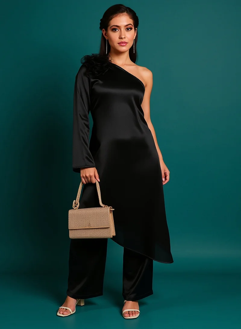 QISSA Qissa Women's Raven Black Asymmetrical Flora Co-Ord Set For Ethnic Wear | One-Shoulder Neck, Long Regular Sleeves | Solid Plain Fabric | 2 Piece Co-Ords Designed For Evening & Party Wear