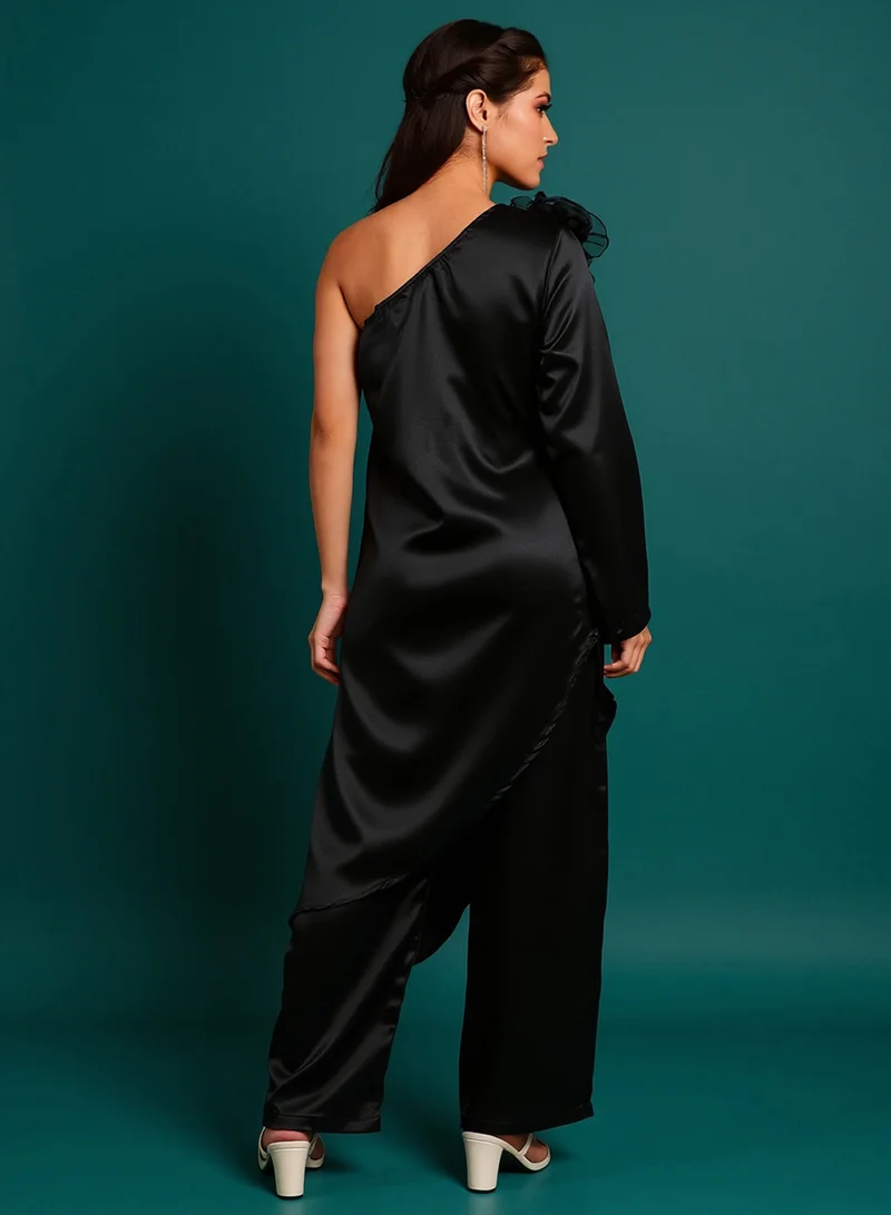 Qissa  Qissa Women's Raven Black Asymmetrical Flora Co-Ord Set For Ethnic Wear | One-Shoulder Neck, Long Regular Sleeves | Solid Plain Fabric | 2 Piece Co-Ords Designed For Evening & Party Wear for Women | Best Price UAE