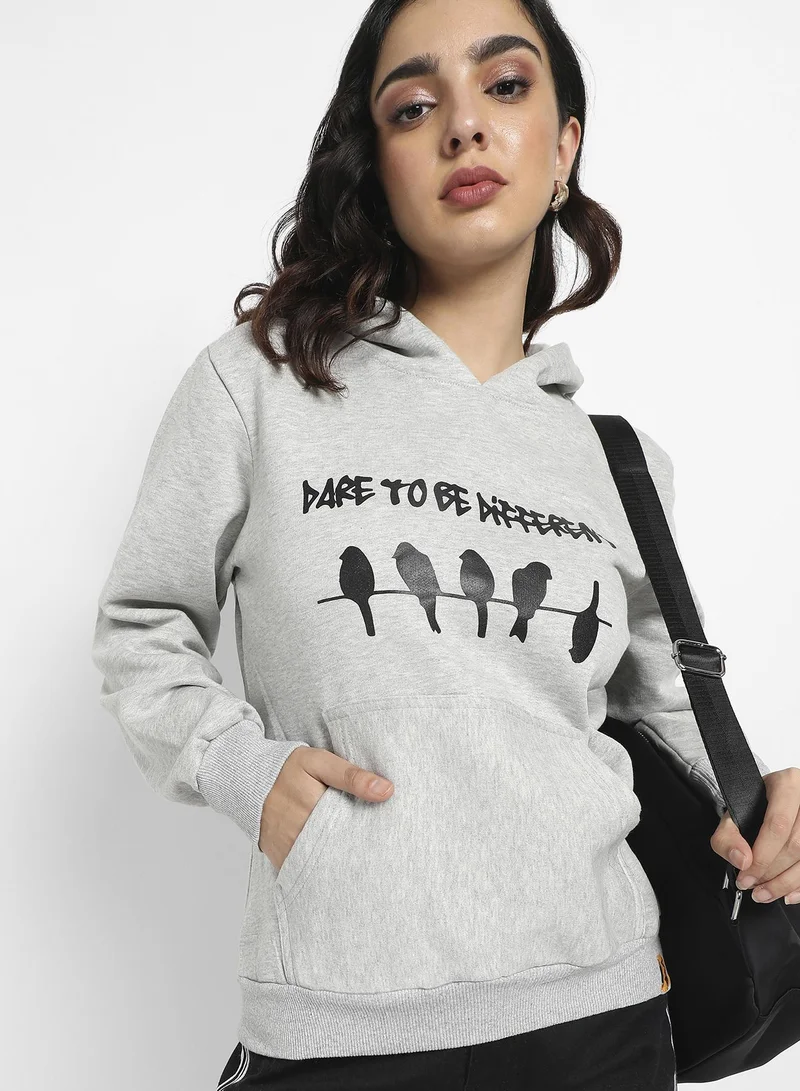 Campus Sutra Women's Light Grey To-Be-Different Print Pullover Hoodie