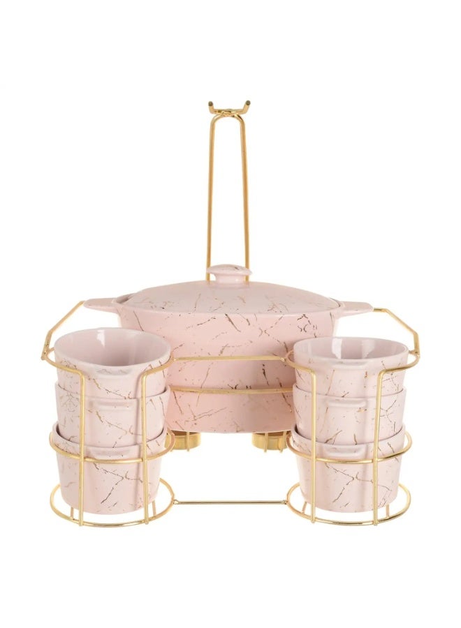 لوتس طقم شوربة رخامي بغطاء مع بولات تقديم وحامل معدني – 7 قطع - Image 1