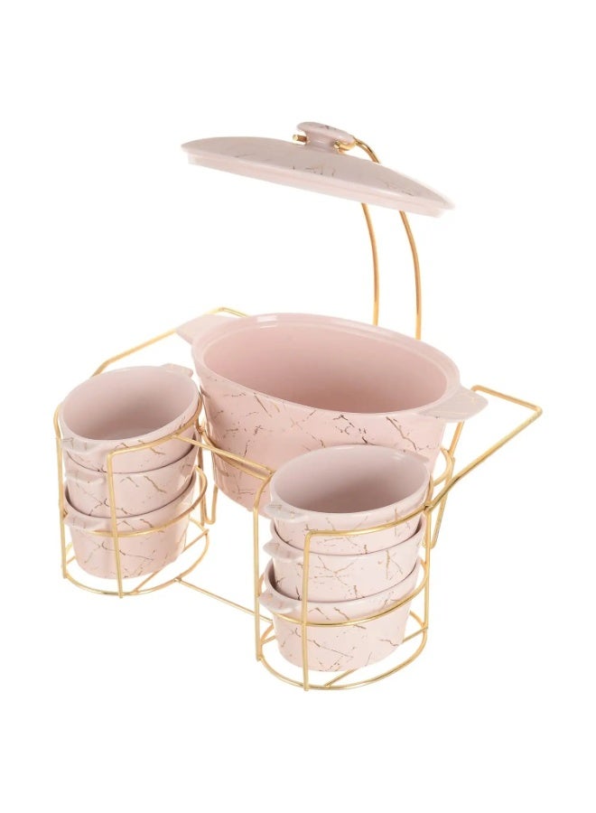 لوتس طقم شوربة رخامي بغطاء مع بولات تقديم وحامل معدني – 7 قطع - Image 5