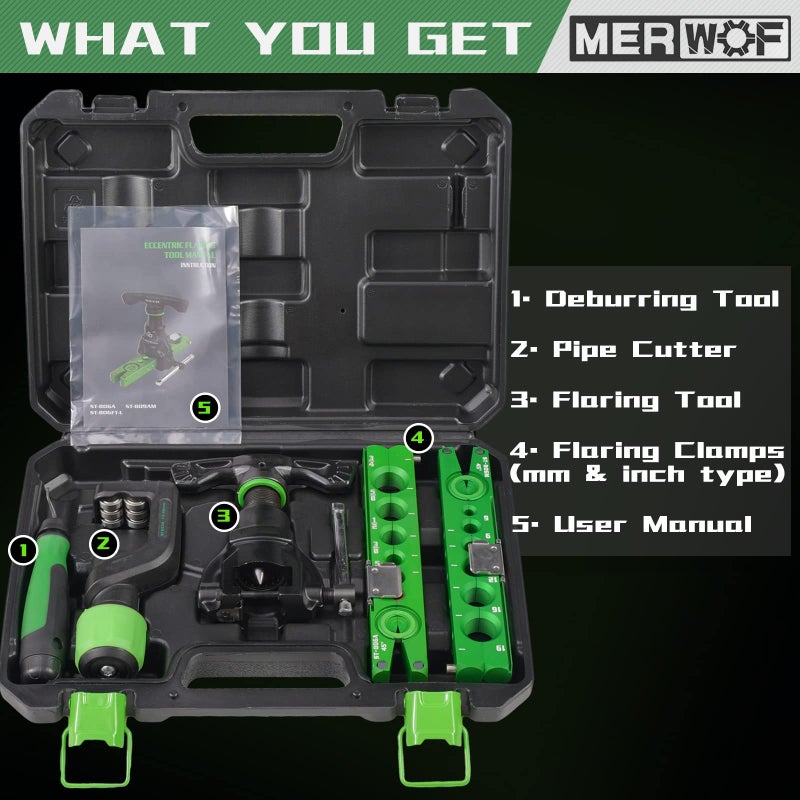 MERWOF HVAC Flaring Tool Kit for 1/4'' - 3/4'' and 6-19mm Single Flare, 45Â° Eccentric Type Manual Tubing Flaring Tool Kit with Clutch, Pipe Cutter, Deburring Tool for Copper Aluminum Pipe (5PCS Set) - Image 5
