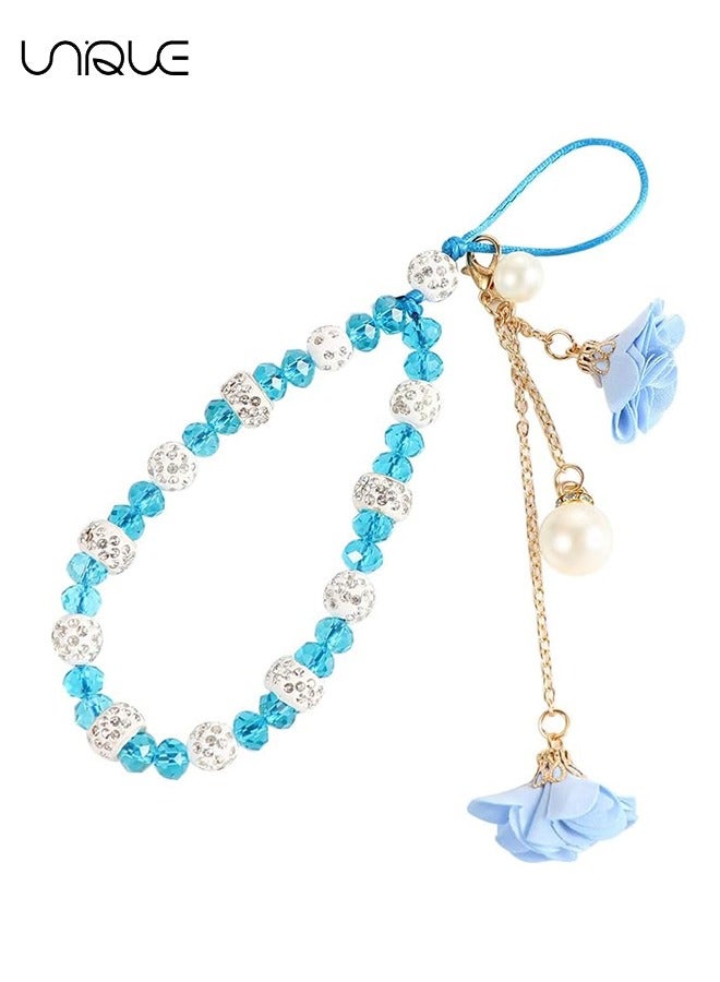 Unique Mobile Phone lanyard - Phone Strap - Glitter Phone Lanyard Wristband, Beaded Phone Strap Lanyard Color Universal Anti-Lost Phone Chain, Blue - Image 1