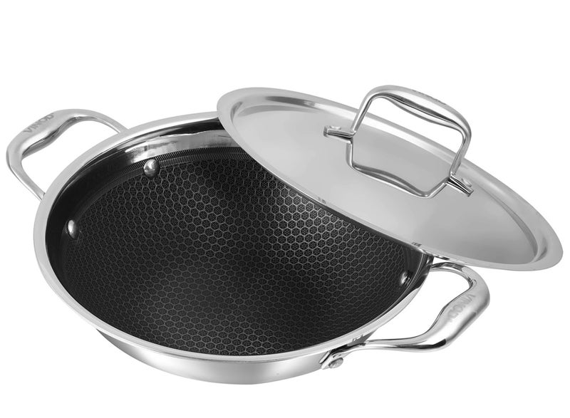 VINOD Vinod SAS Pro Platinum Stainless Steel Non Stick Extra Deep Kadai with Lid- 5.5 Litre, 30cm / Hexa Design Triply Kadhai/Ceramic Coating, Induction Base - 5 Year Warranty - Image 1