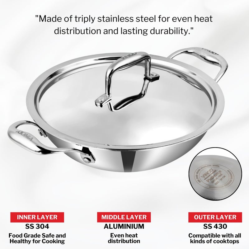 VINOD Vinod SAS Pro Platinum Stainless Steel Non Stick Extra Deep Kadai with Lid- 5.5 Litre, 30cm / Hexa Design Triply Kadhai/Ceramic Coating, Induction Base - 5 Year Warranty - Image 3