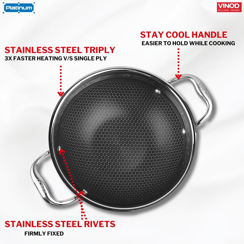 VINOD Vinod SAS Pro Platinum Stainless Steel Non Stick Extra Deep Kadai with Lid- 5.5 Litre, 30cm / Hexa Design Triply Kadhai/Ceramic Coating, Induction Base - 5 Year Warranty - Image 4