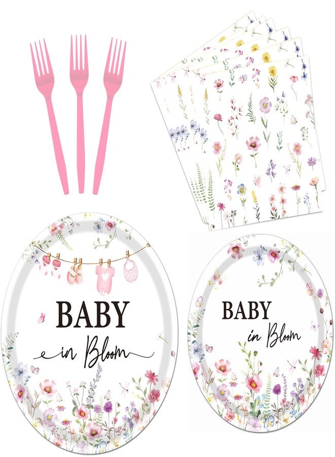 Rakuto Baby in Bloom Baby Shower Decorations Tableware Supplies, Wildflower Baby Shower Party Plates and Napkins Set, Disposable Paper Flower Baby Shower Dinnerware for Girls Serves 24 - Image 1