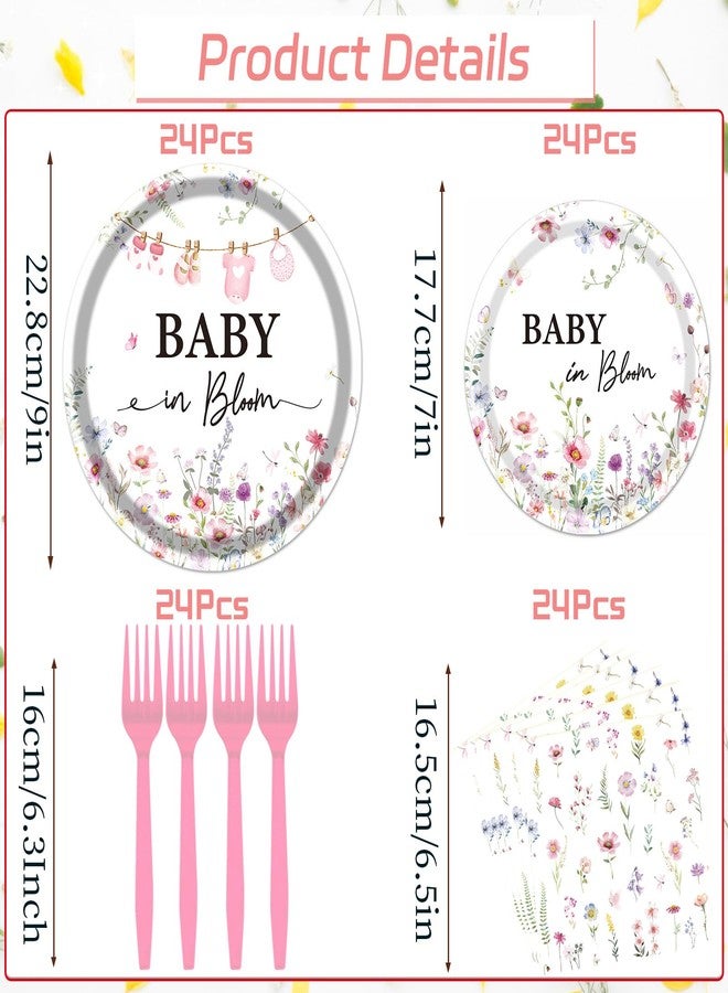 Rakuto Baby in Bloom Baby Shower Decorations Tableware Supplies, Wildflower Baby Shower Party Plates and Napkins Set, Disposable Paper Flower Baby Shower Dinnerware for Girls Serves 24 - Image 2