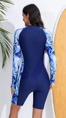 Halcurt Womens Boyleg One Piece Rash Guard with Built in Bra Zip Front UPF50 Long Sleeve Full Body Surfing Swimsuit Water Waves Navy Blue M - Image 3
