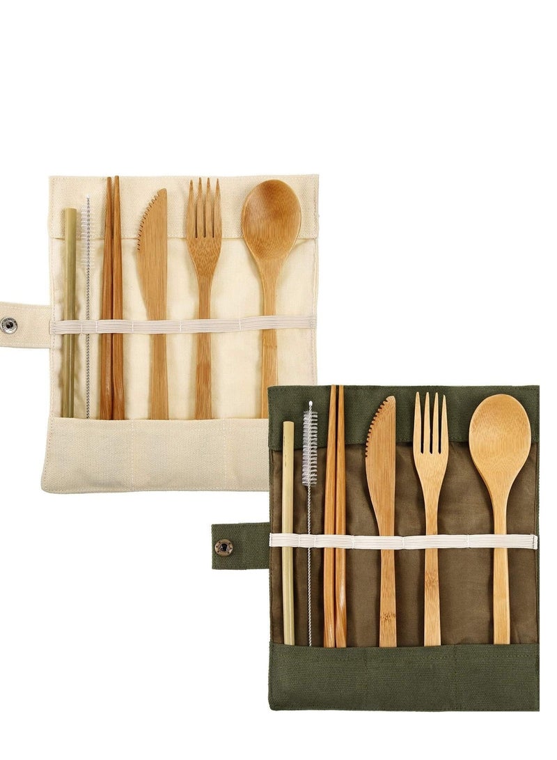 SOLARAE 2 Sets Bamboo Cutlery Utensils Flatware Set Travel Include Reusable Chopsticks Fork Spoon Knife Straws Brush for Camping Hiking Picnic with Pouch Bag - Image 1