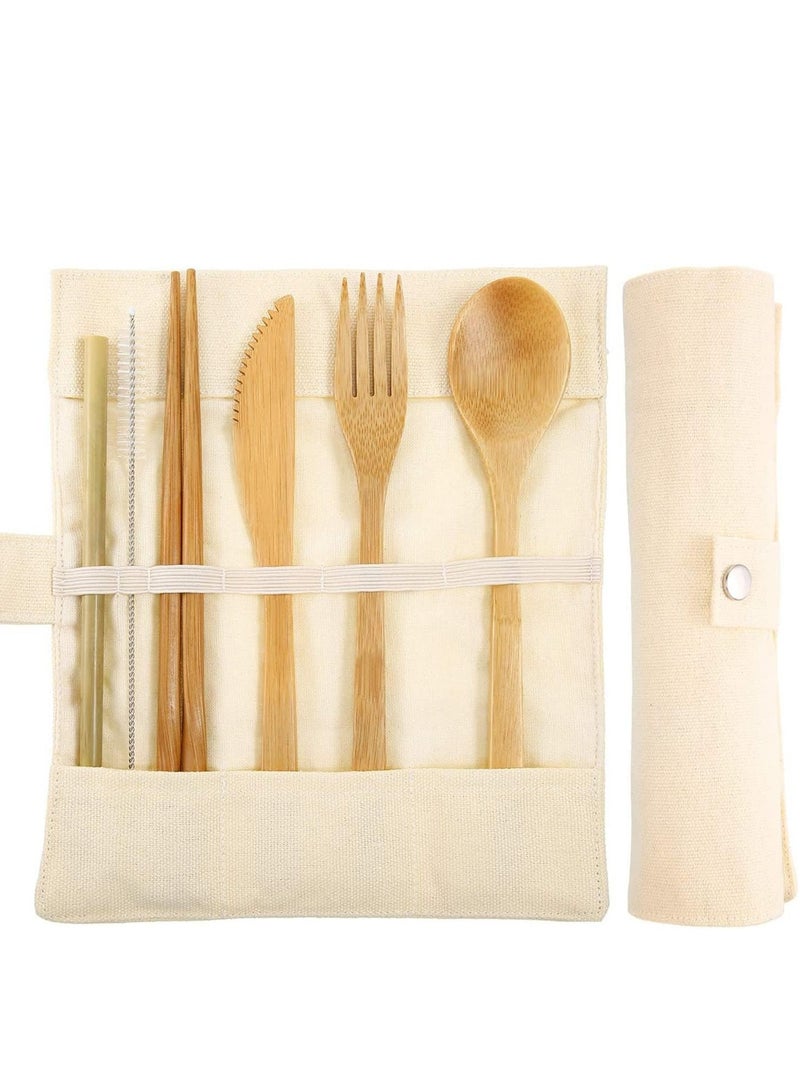 SOLARAE 2 Sets Bamboo Cutlery Utensils Flatware Set Travel Include Reusable Chopsticks Fork Spoon Knife Straws Brush for Camping Hiking Picnic with Pouch Bag - Image 4