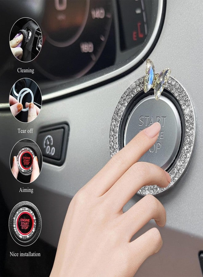 إكسسوارات سيارات DXNQ Bling Ring Emblem، خاتم أزرار ومقابض سيارة على شكل فراشة متلألئة، غطاء زر تشغيل محرك السيارة على شكل فراشة مرصع بالألماس، خاتم زينة لمقبض مفتاح التشغيل للنساء (أبيض) - Image 5