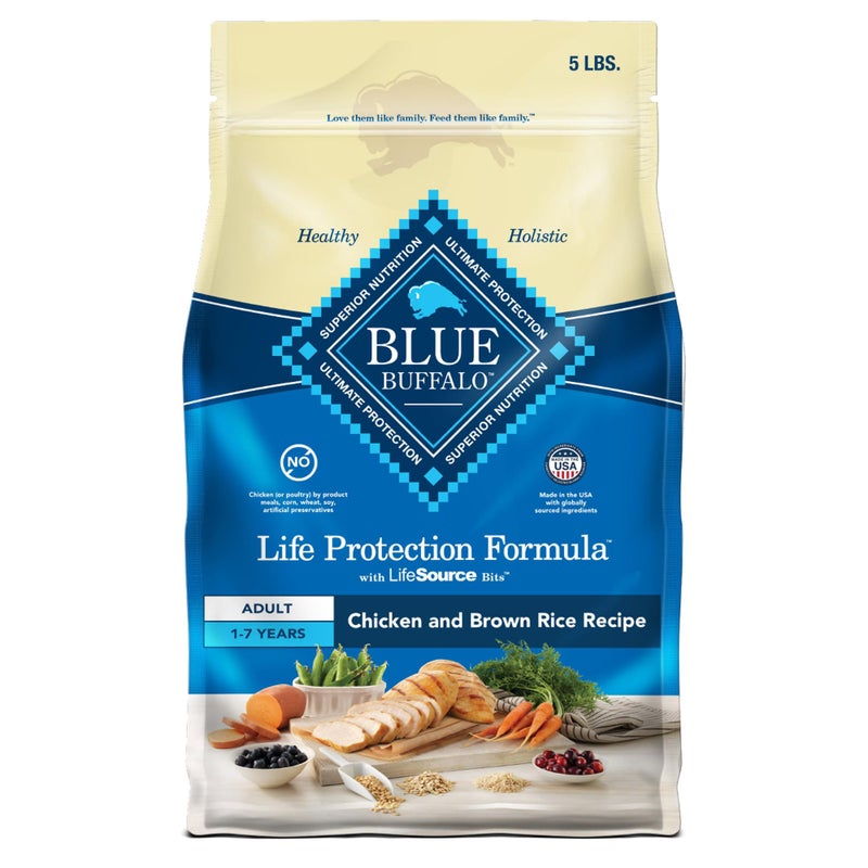 Blue Buffalo Life Protection Formula Adult Dry Dog Food, Helps Build and Maintain Strong Muscles, Made with Natural Ingredients, Chicken & Brown Rice Recipe, 5-lb. Bag - Image 1