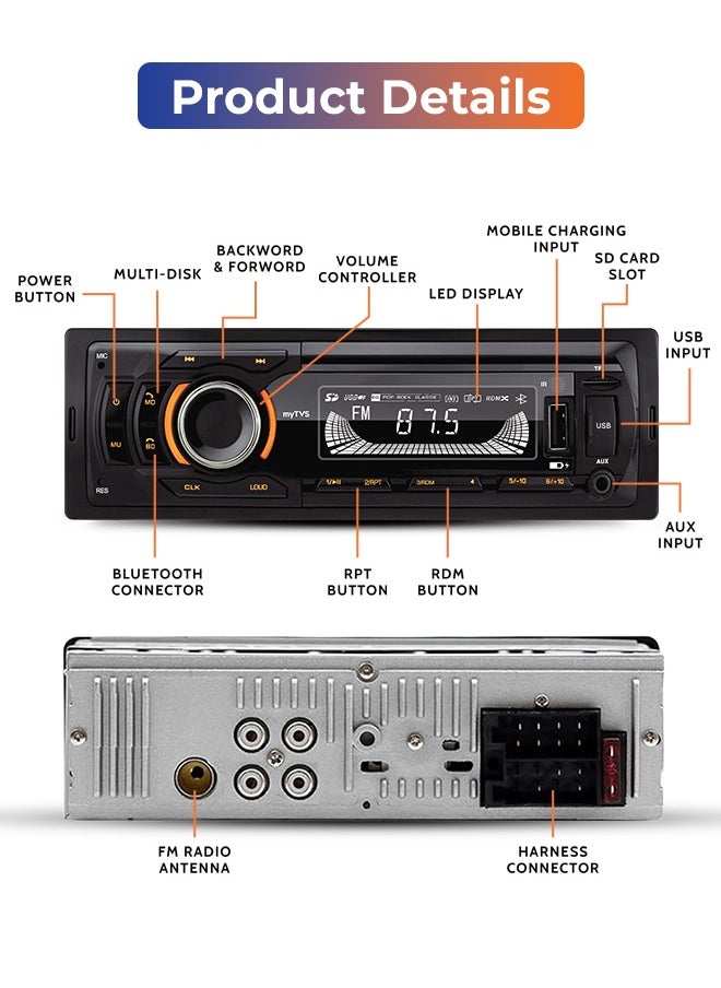 myTVS myTVS Universal Single DIN MP3 Car Media Player for All Cars with Bluetooth| Car Stereo System (Music & Charging), AUX in, FM, Hands Free Calling & Remote Control | TMP-54  - Image 4