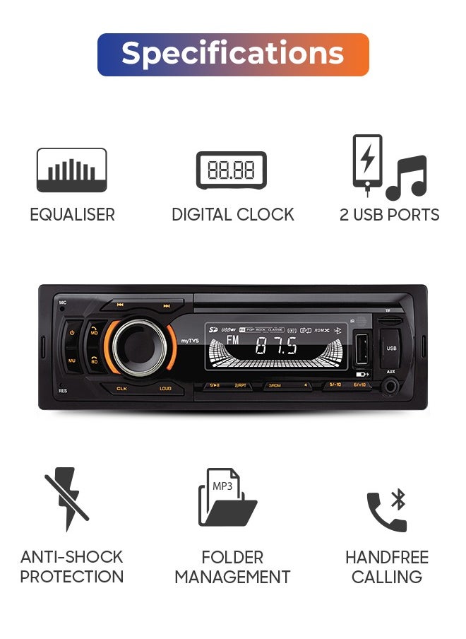 myTVS myTVS Universal Single DIN MP3 Car Media Player for All Cars with Bluetooth| Car Stereo System (Music & Charging), AUX in, FM, Hands Free Calling & Remote Control | TMP-54  - Image 2