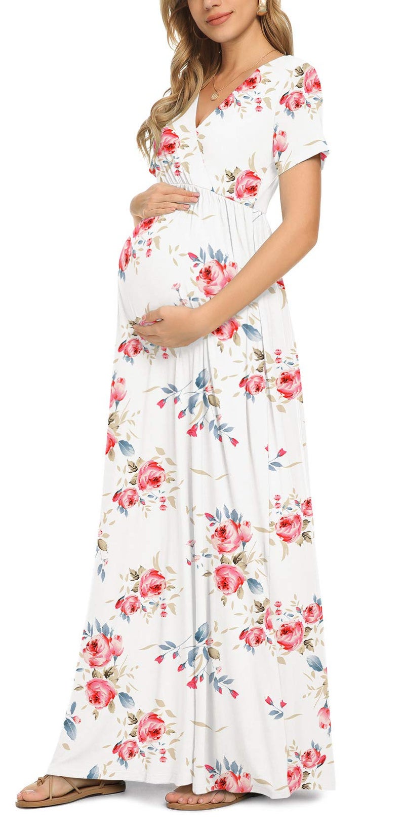 Xpenyo Women's Floral Maternity Dresses Summer Casual Short Sleeve V Neck Wrap Long Maxi Dress Pregnancy Clothes for Baby Shower, Photoshoot, Party, Daily, Nursing, Rose Flower White M - Image 3
