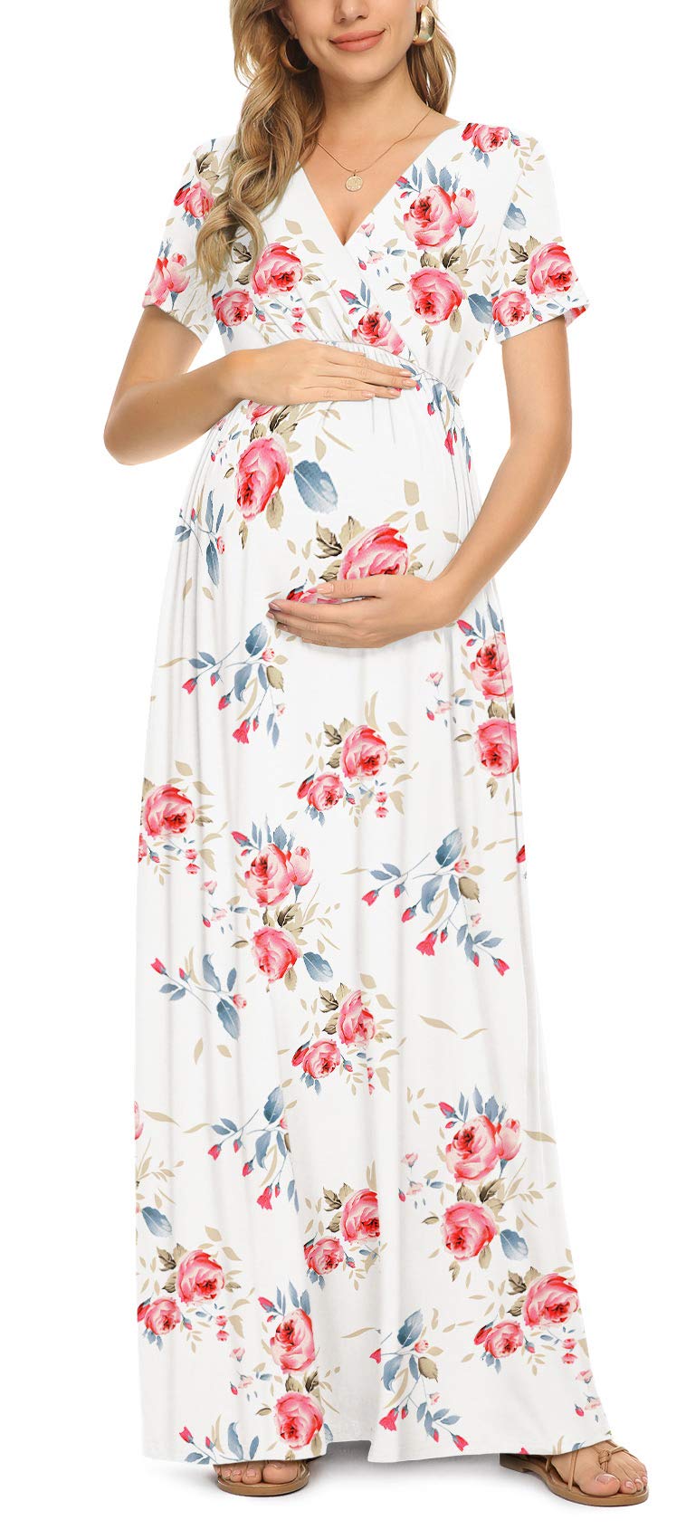 Xpenyo Women's Floral Maternity Dresses Summer Casual Short Sleeve V Neck Wrap Long Maxi Dress Pregnancy Clothes for Baby Shower, Photoshoot, Party, Daily, Nursing, Rose Flower White M - Image 1