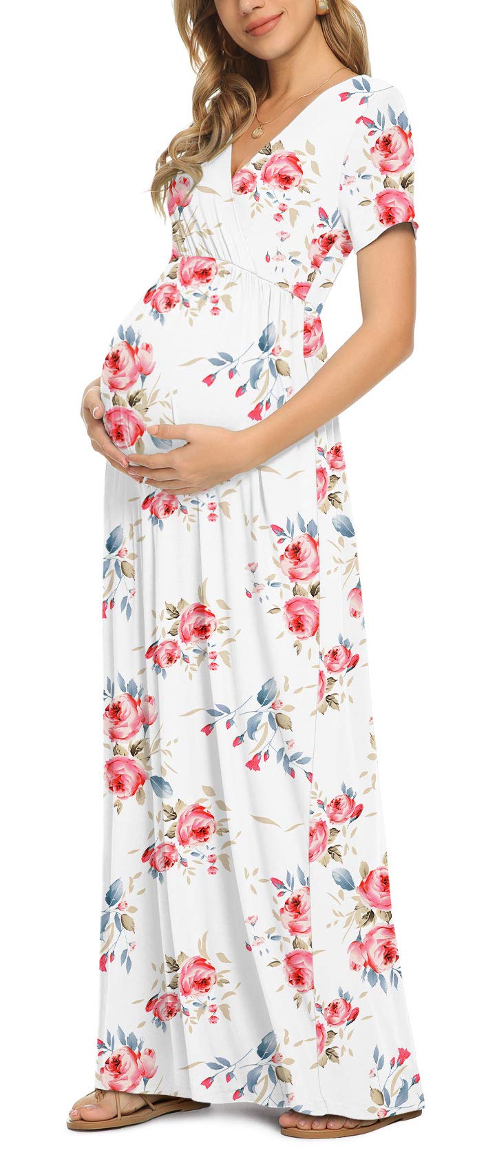 Xpenyo Women's Floral Maternity Dresses Summer Casual Short Sleeve V Neck Wrap Long Maxi Dress Pregnancy Clothes for Baby Shower, Photoshoot, Party, Daily, Nursing, Rose Flower White M - Image 2