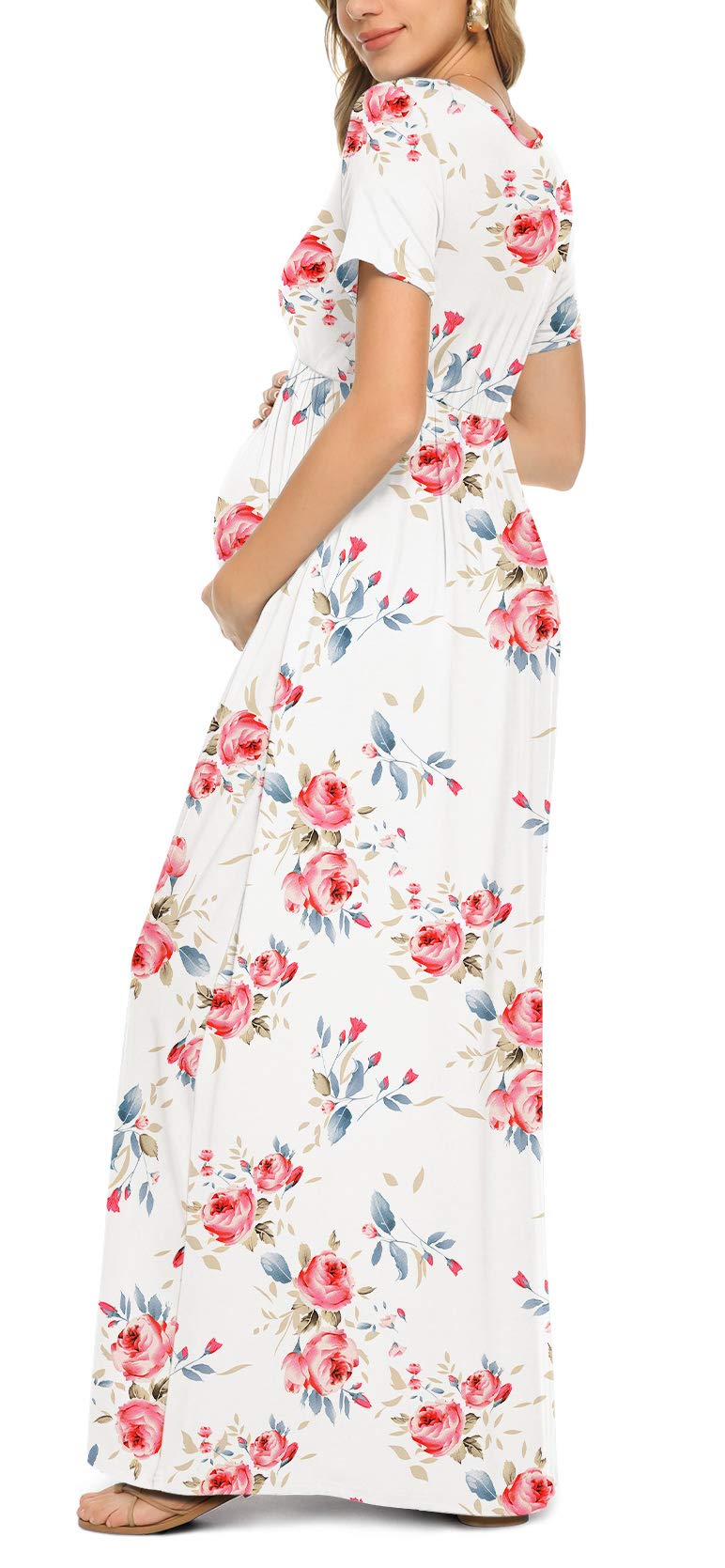 Xpenyo Women's Floral Maternity Dresses Summer Casual Short Sleeve V Neck Wrap Long Maxi Dress Pregnancy Clothes for Baby Shower, Photoshoot, Party, Daily, Nursing, Rose Flower White M - Image 5