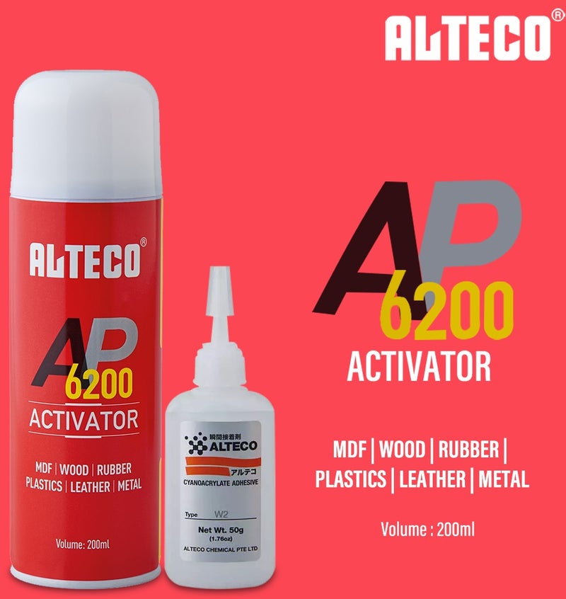 ألتيكو طقم مكون من 3 قطع: مُنشّط (Activator) سعة 200 مل ولاصق سيانوأكريلات W2 بوزن 50 جم؛ مجموعة لاصق سريع للربط مخصصة لـ MDF، والخشب، والمطاط، والبلاستيك، والجلد، والمعدن؛ طقم إصلاح ولصق متعدد الأغراض - ALTECO AP6200 - Image 3