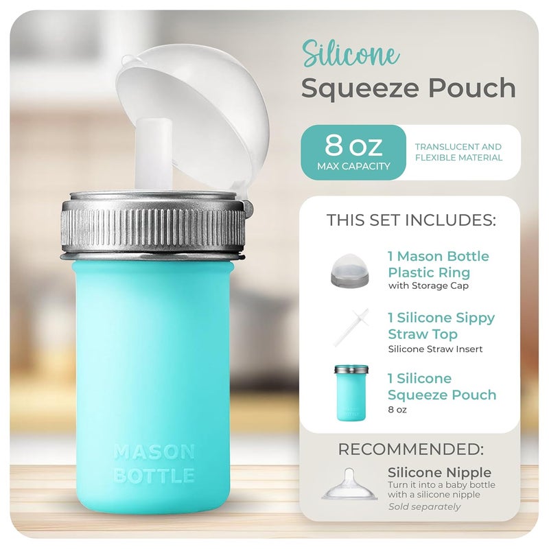 Mason Bottle 8oz Silicone Squeeze Pouch with Straw  Reusable Baby Food and Snack Pouch for Toddlers  Soft Food and Liquid Bottle  BPA  BPSFree NonToxic Made in USA Teal - Image 3