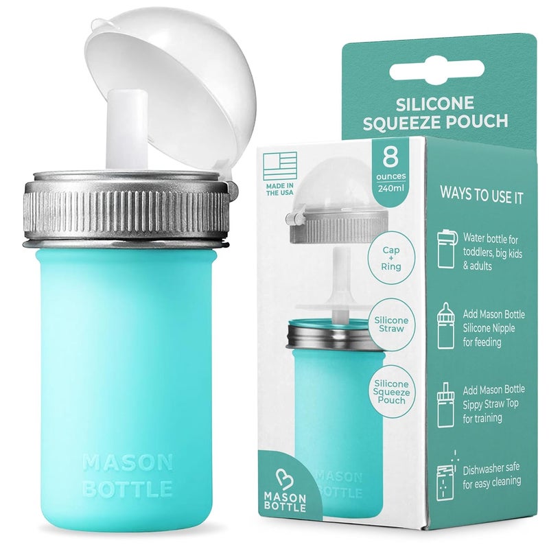 Mason Bottle 8oz Silicone Squeeze Pouch with Straw  Reusable Baby Food and Snack Pouch for Toddlers  Soft Food and Liquid Bottle  BPA  BPSFree NonToxic Made in USA Teal - Image 1