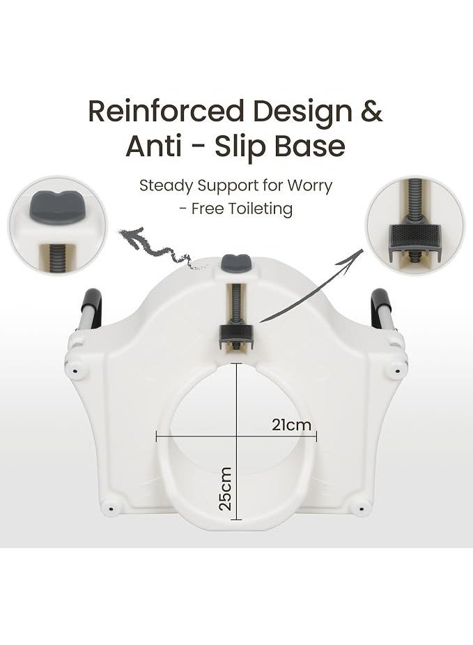 Raised toilet seat with 4.3-inch height handles, with adjustable height padded grab bars and rotating locking knob. - Image 4