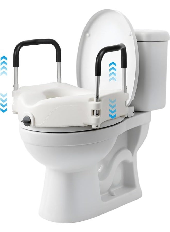 Raised toilet seat with 4.3-inch height handles, with adjustable height padded grab bars and rotating locking knob. - Image 1