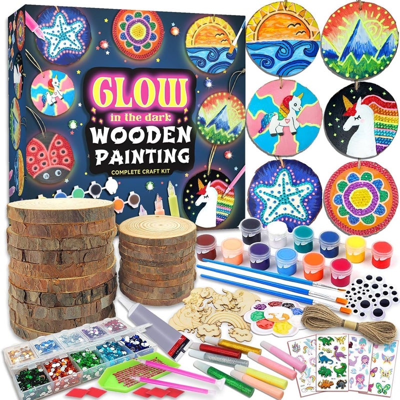 Home Smart Glow in The Dark Wooden Painting kit for Toddlers Kids Deluxe Wooden Painting set with wood slice - Image 1