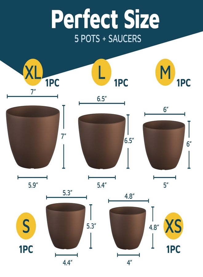 Lifemaster Planter Pots with Drainage Holes - Lightweight, Durable & Space-Saving Pots for Indoor and Outdoor - Versatile Functionality, Simple Modern Design, Set of 5 Plastic Planter Pots - Brown - Image 2