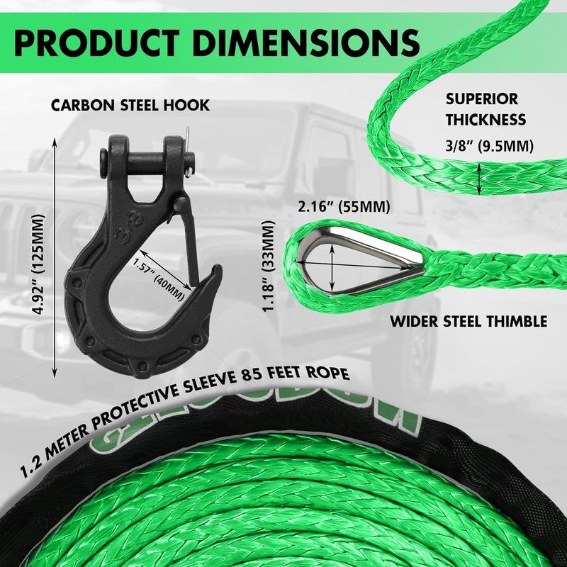 STEGODON Synthetic Winch Rope, 3/8'' x 85ft 25,000LBS Synthetic Winch Line 3/8 Winch Cable Replacement Synthetic Rope with Forged Winch Hook for 4WD Off Road Vehicle SUV Truck(Green) - Image 2