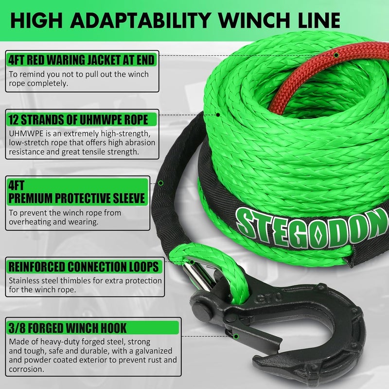 STEGODON Synthetic Winch Rope, 3/8'' x 85ft 25,000LBS Synthetic Winch Line 3/8 Winch Cable Replacement Synthetic Rope with Forged Winch Hook for 4WD Off Road Vehicle SUV Truck(Green) - Image 3
