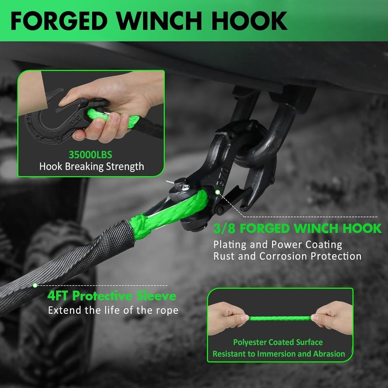STEGODON Synthetic Winch Rope, 3/8'' x 85ft 25,000LBS Synthetic Winch Line 3/8 Winch Cable Replacement Synthetic Rope with Forged Winch Hook for 4WD Off Road Vehicle SUV Truck(Green) - Image 5