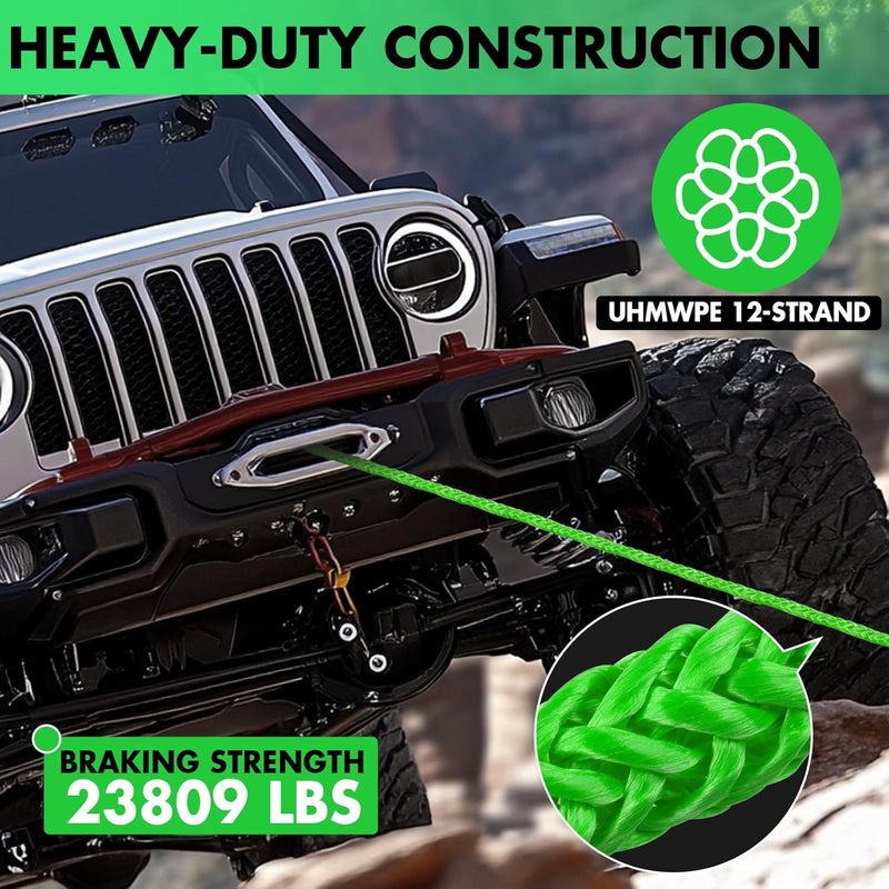 STEGODON Synthetic Winch Rope, 3/8'' x 85ft 25,000LBS Synthetic Winch Line 3/8 Winch Cable Replacement Synthetic Rope with Forged Winch Hook for 4WD Off Road Vehicle SUV Truck(Green) - Image 4