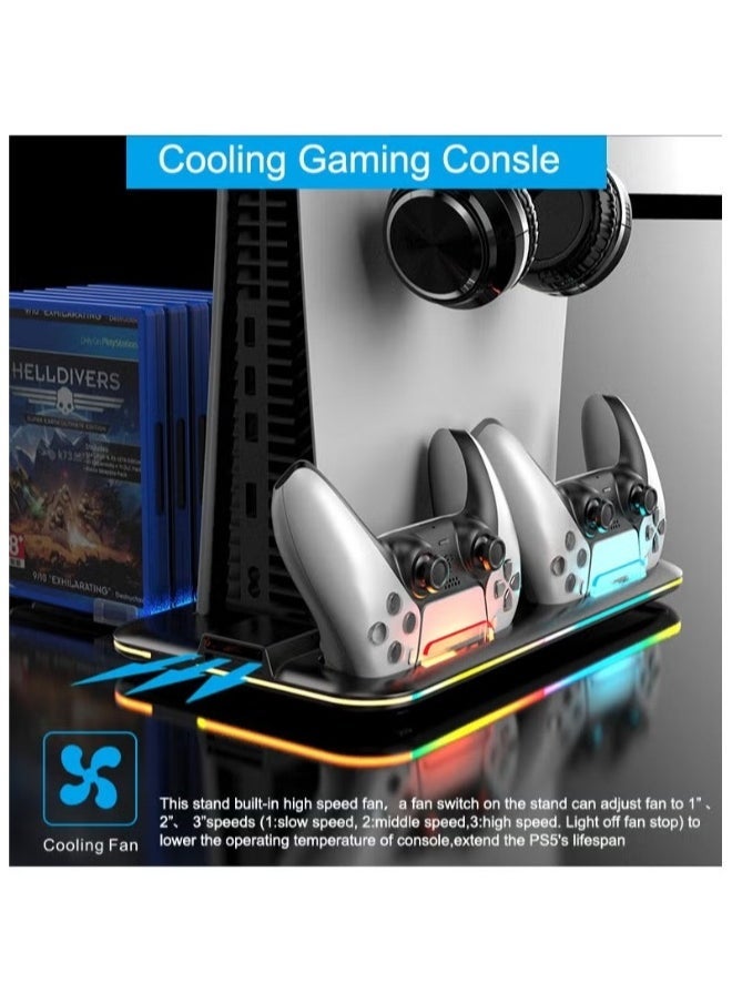 Saitake PS5 Stand and Cooling Station with Dual Controller Charging Station for PlayStation 5 Console, PS5 Accessories Incl. Controller Charger, Cooling fan, Headset holder (Fit 2023 PS5 -Fat-normal Versions) - Image 2