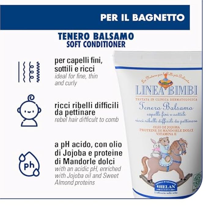 Helan Linea Bimbi - Gentle Hair Conditioner for Children, Detangler for Curly and Hard-to-Comb Hair for Boys and Girls, Paraben and Silicone Free with Jojoba Oil & Sweet Almond, Made in Italy, 50fl oz - Image 2