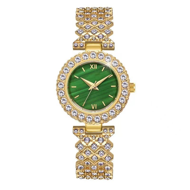 Elegant Womens Diamond Quartz Watch Bracelet golden green face 