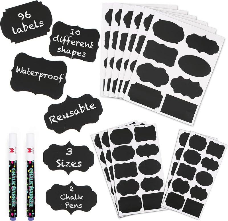Mantah Chalkboard Label Stickers 96pcs - 9 Assorted Shapes in 3 Sizes with 2 White Chalk Marker, Reusable Waterproof Label for Storage Bin, Food Container, Jars, Containers - Image 1