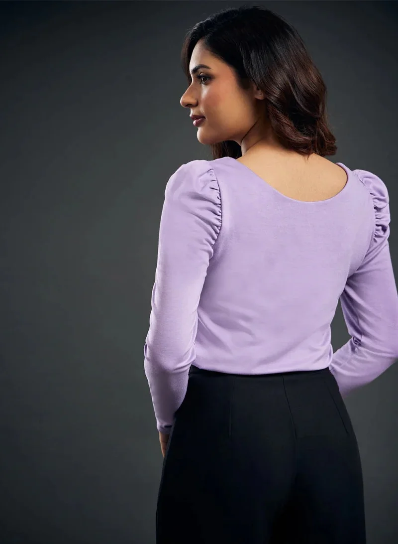Zigzag Long Puff Sleeve Purple Ponte Top