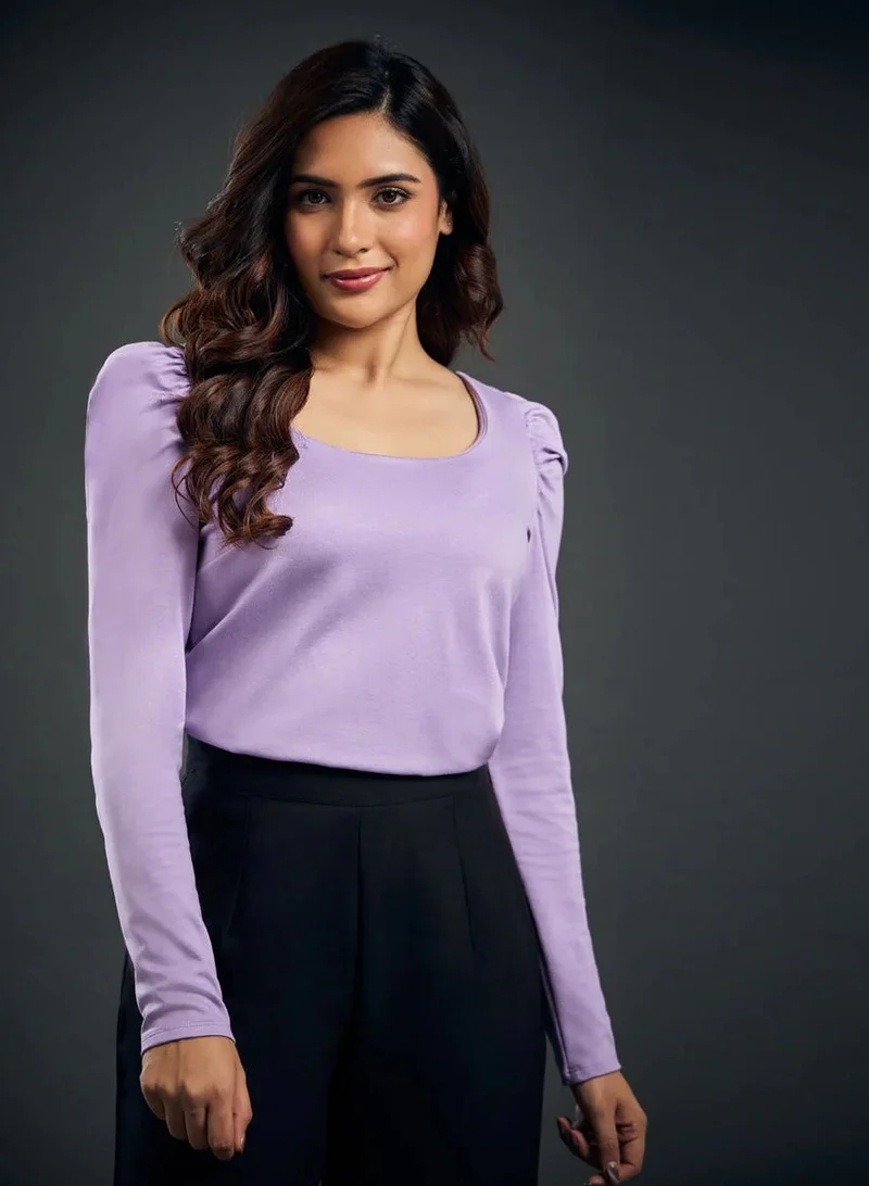 Zigzag Long Puff Sleeve Purple Ponte Top