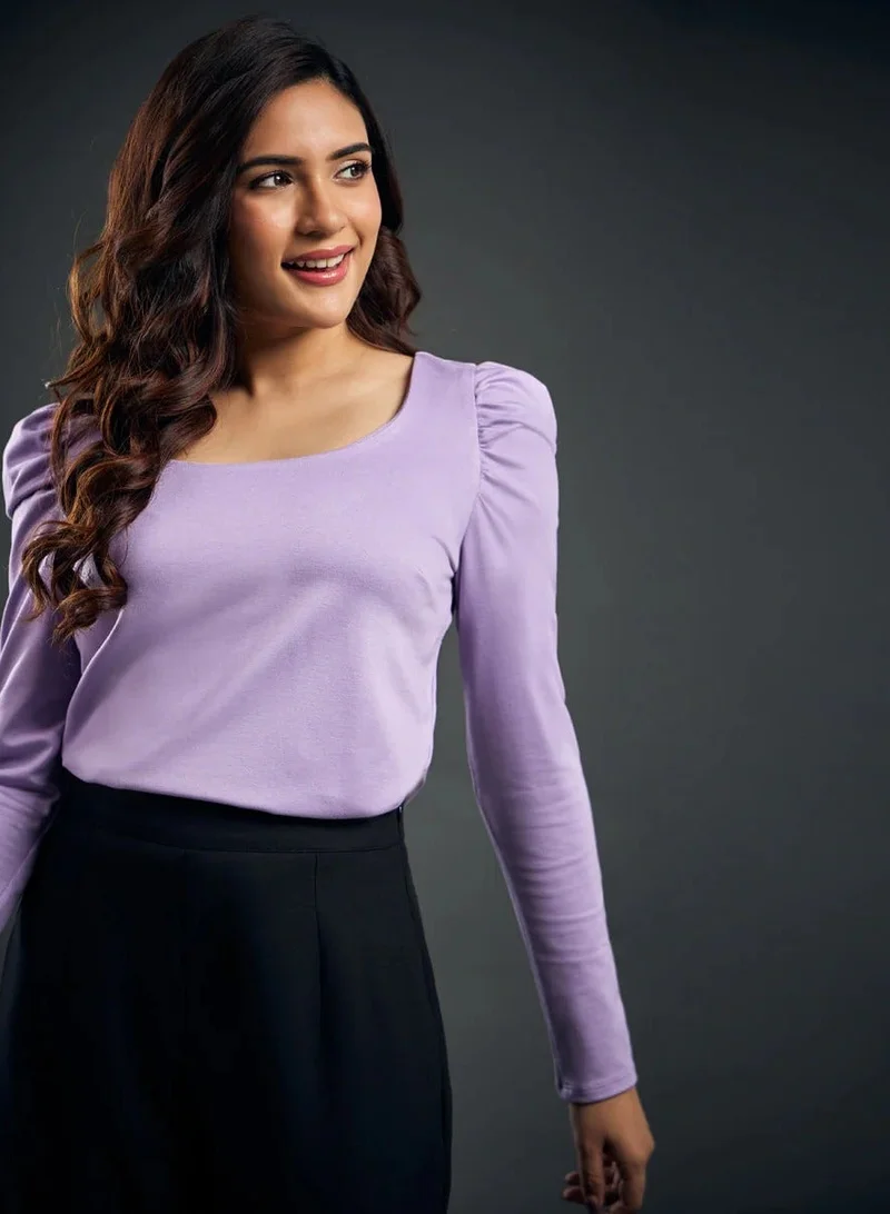 Zigzag Long Puff Sleeve Purple Ponte Top
