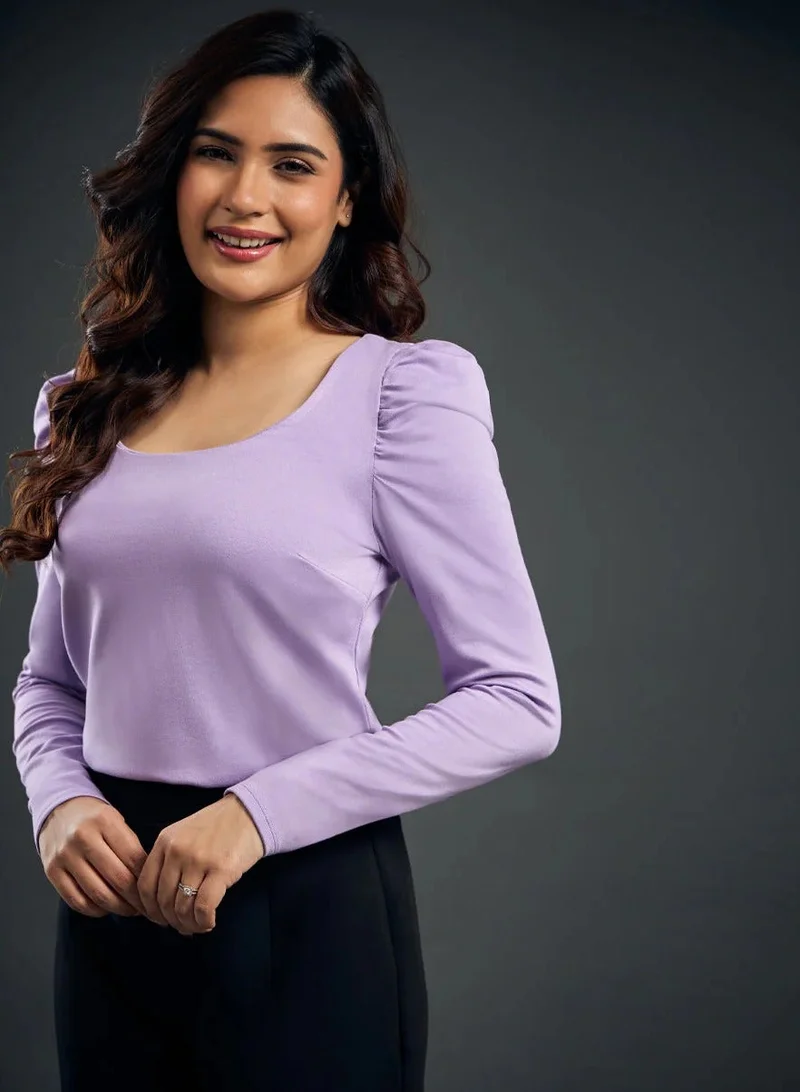 Zigzag Long Puff Sleeve Purple Ponte Top