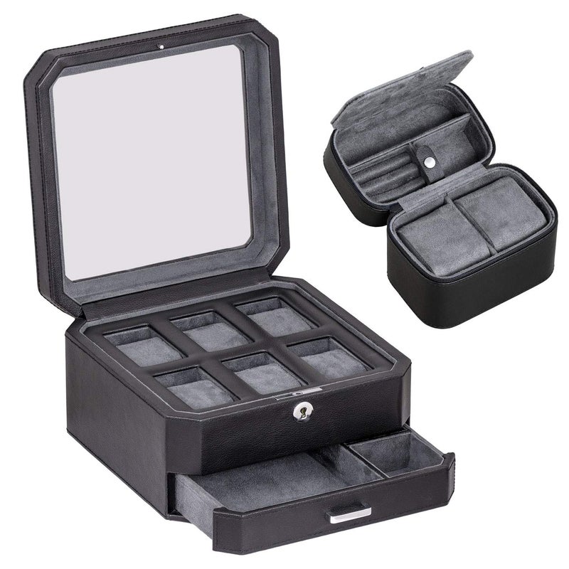 ROTHWELL Gift Set 6 Slot Leather Watch Box and 2 Watch Travel Case Luxury Case Organizer Microsuede Liner Locking Mens Jewelry Watches Holder Storage Boxes Glass Top BlackGrey Gift Set
