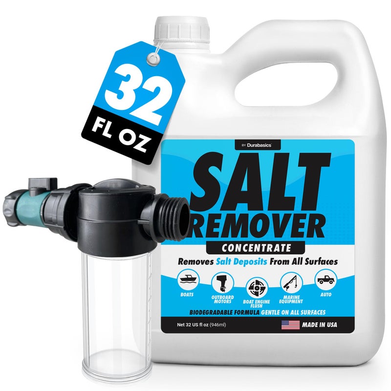 Durabasics Salt Remover Concentrate Kit - Ultimate Boat Salt Remover for Boats & Marine Engine Flush - 32 OZ with Hose Applicator - Perfect for Outboard Motor Flush & Washing Salt Deposits Away - Image 1