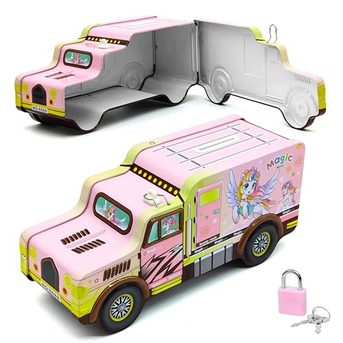 VGRASSP Unicorn Theme Metal Bus Piggy Bank Toy for Kids - Cute Money Safe with Lock and 2 Keys - Gullak Coin Box Gift for Boys and Girls - Color As Per Stock - Image 1