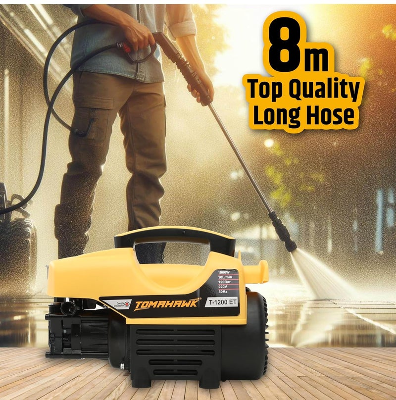 TOMAHAWK Pressure Washer T1200 1900W 120 Bar 10Lmin Flow 8m Hose Pipe Adjustable Pressure Settings Durable Design - Image 4