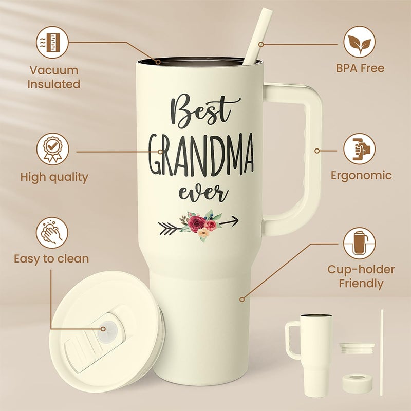 SANDJEST Grandma Tumbler with Handle 40oz  Grandmother Gifts from Granddaughter Grandson  Stainless Steel Tumblers Coffee Travel Cup  Gifts for Nana Mimi Grandmom on Birthday Christmas Mothers Day Valentines  - Image 2