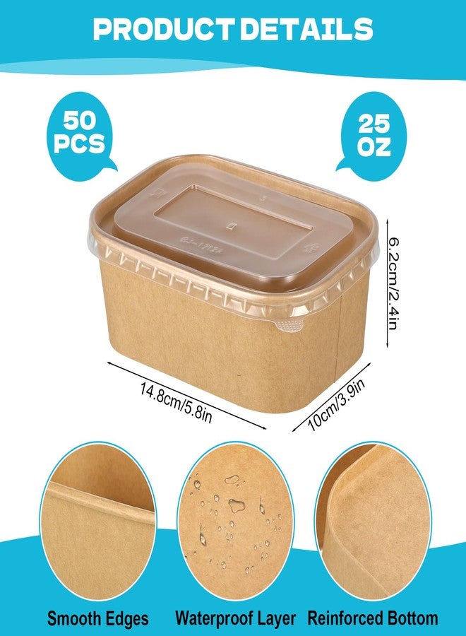 Rainmae 50 Pack 25oz Disposable Kraft Paper Bowls with Lids, Rectangle Meal Prep Containers Bulk, Large Paper Salad Bowl, Leakproof Food Containers Treat Soup Serving Bowls, Microwave Safe for Hot/Cold Food - Image 2