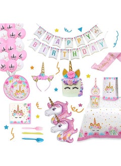 LENND Unicorn party supplies set & tableware kit,serves 16 - Perfect for girls birthday party decorations- Includes plates,napkins,cups,starws,utensils  - Image 1